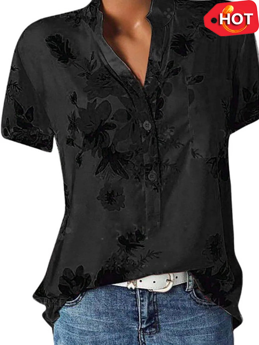 V Neck Loose Fitting Floral Printed Blouses