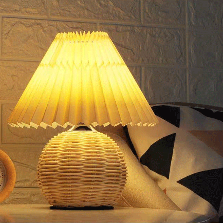 Classical Ceramic, Rattan, Wood Fabric Geometric Living Room Table Lamp, White/Burlywood | Liiffy