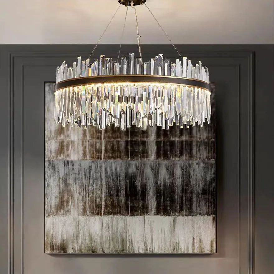 Modern Stainless steel And Crystal Ring Chandelier Pendant Light, Black/Gold