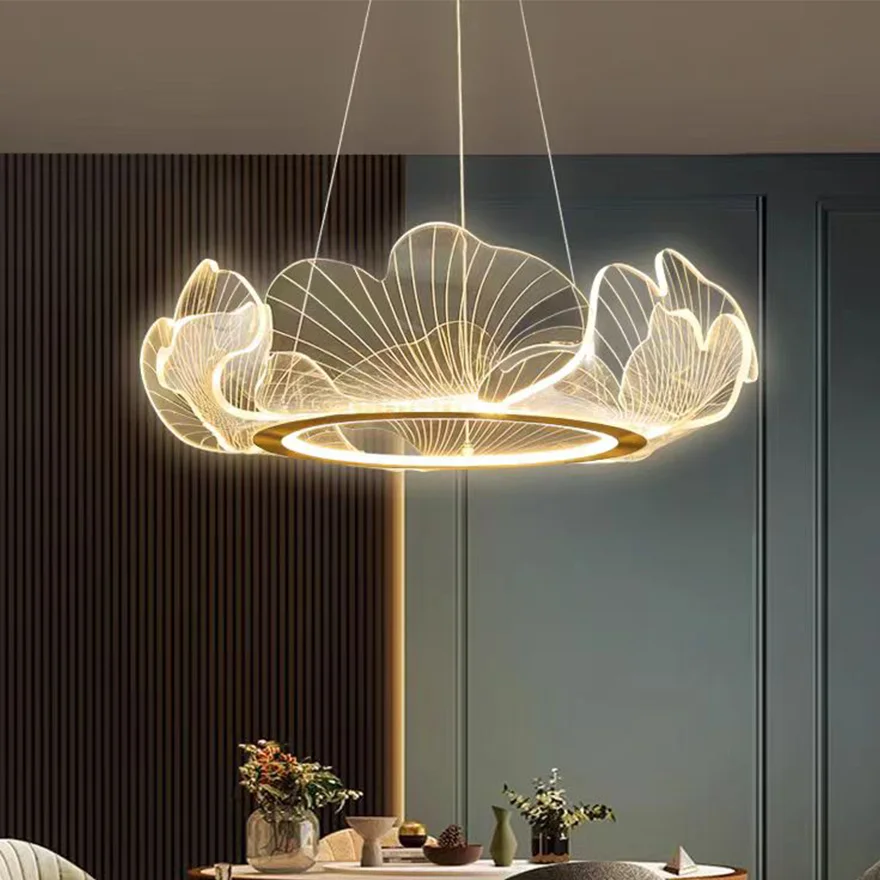 Modern Metal And Acrylic Petal Shaped Living Room Pendant Light, White