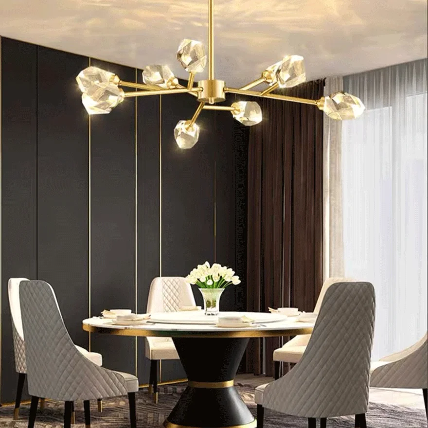 Modern Metal And Crystal Uneven Bedroom Chandeliers Pendant Light, Gold, Trichromatic Light