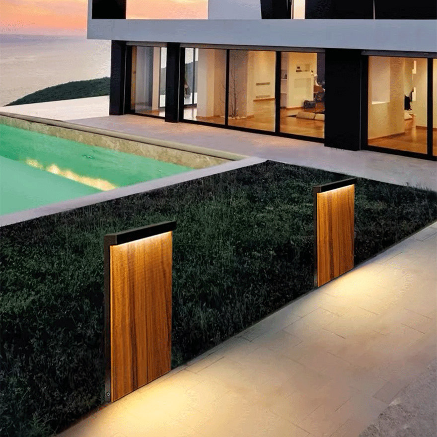 Minimalist Metal Rectangular Terrace Outdoor Lamp, Natural Wood