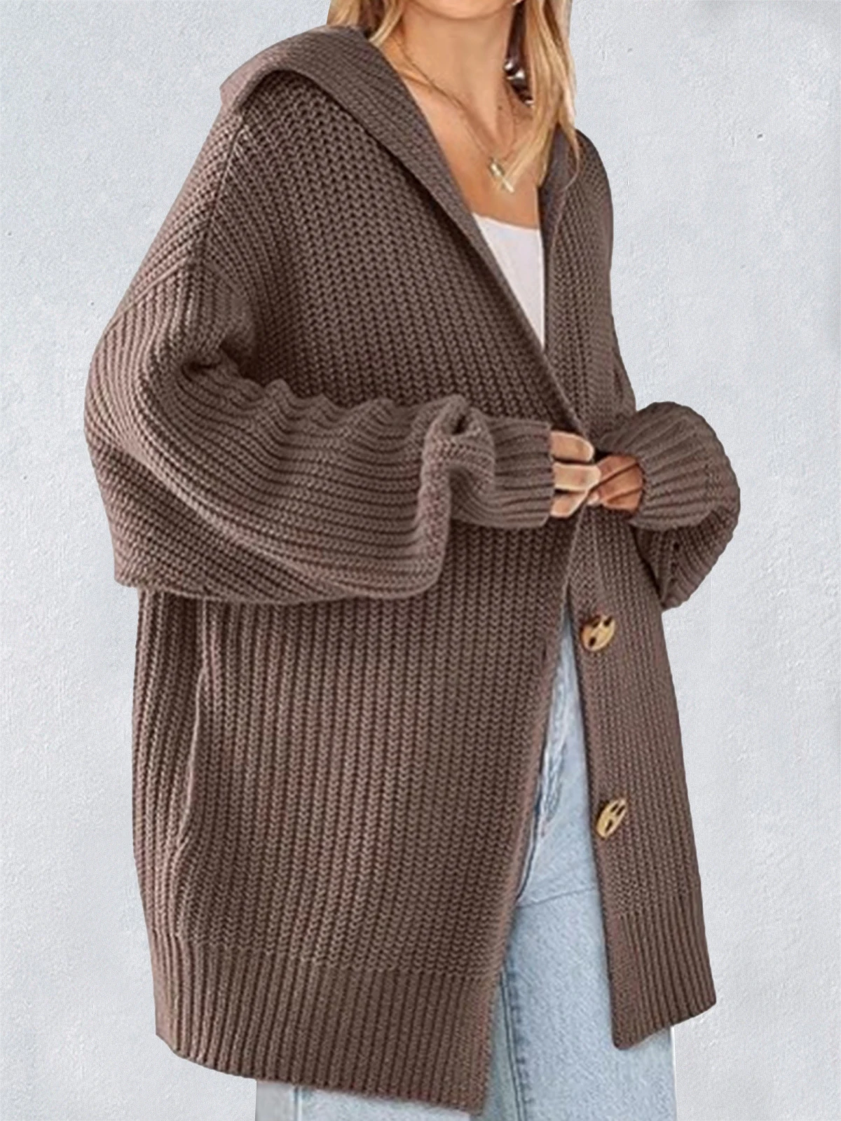 Women's Solid Color Lapel Pocket Knitted Cardigan Buttoned Mid-length Coat