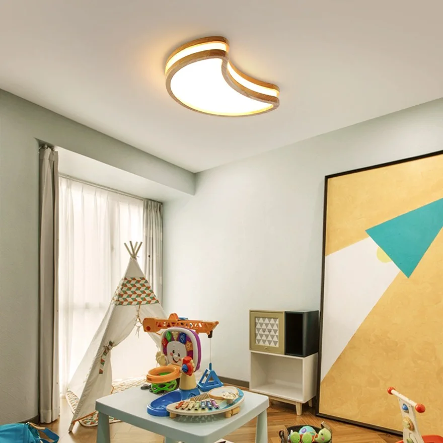 Art Deco Wooden And Acrylic Clouds Children's Room Ceiling Light, Burlywood, Trichromatic Light