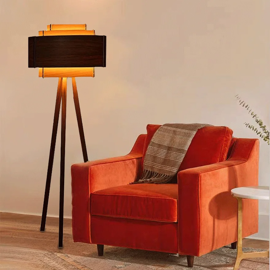 Modern Solid Wood Tripod  Living Room Floor Lamp, Brown