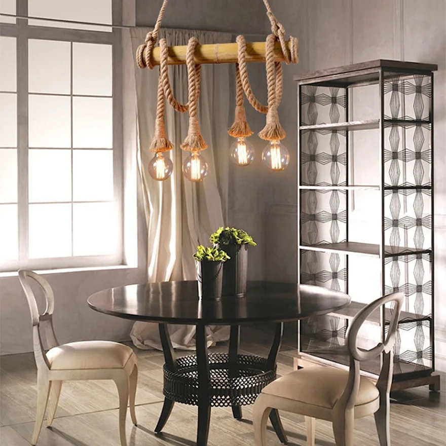 Rustic Hemp Rope And Metal  Strip Dining Room Pendant Light, Log Color