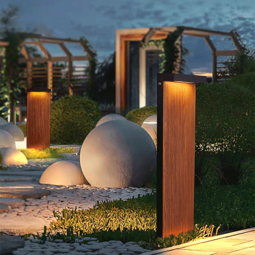 Minimalist Metal Rectangular Terrace Outdoor Lamp, Natural Wood