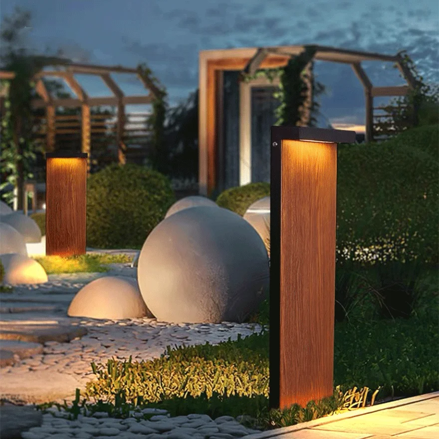 Minimalist Metal Rectangular Terrace Outdoor Lamp, Natural Wood