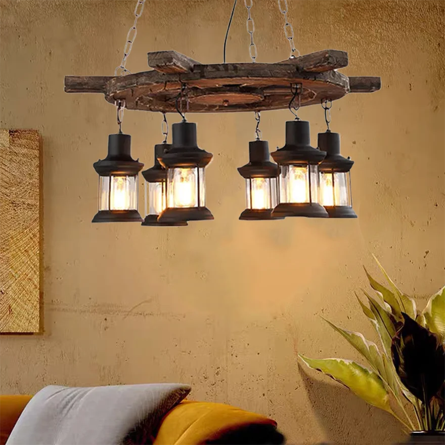 Rustic Metal And Wooden Rudder Dining Room Pendant Light, Natural Wood