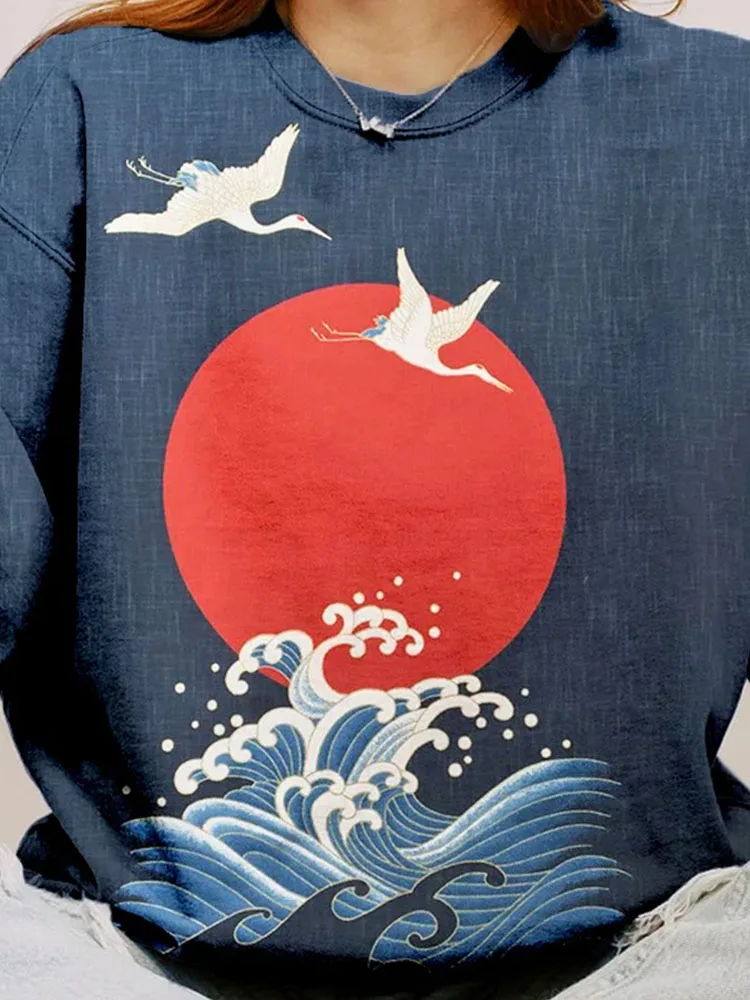 Japanese Sun And Cranes Art Vintage Cozy Sweatshirt