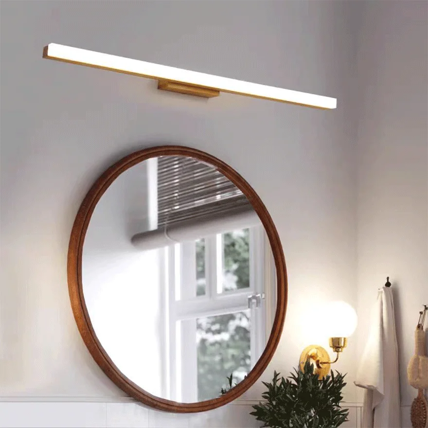 Minimalist Wooden Linear Bathroom Mirror Front Wall Lamp, Burlywood/Log Color