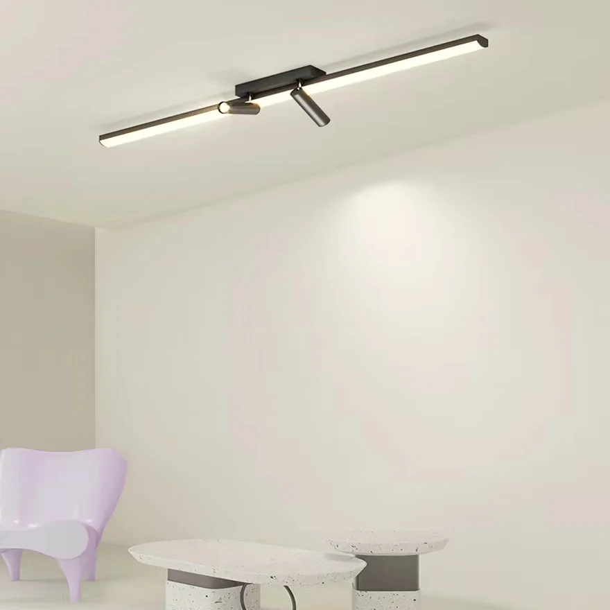 Minimalist Metal Linear Living Room Ceiling Light, Black,Trichromatic Light