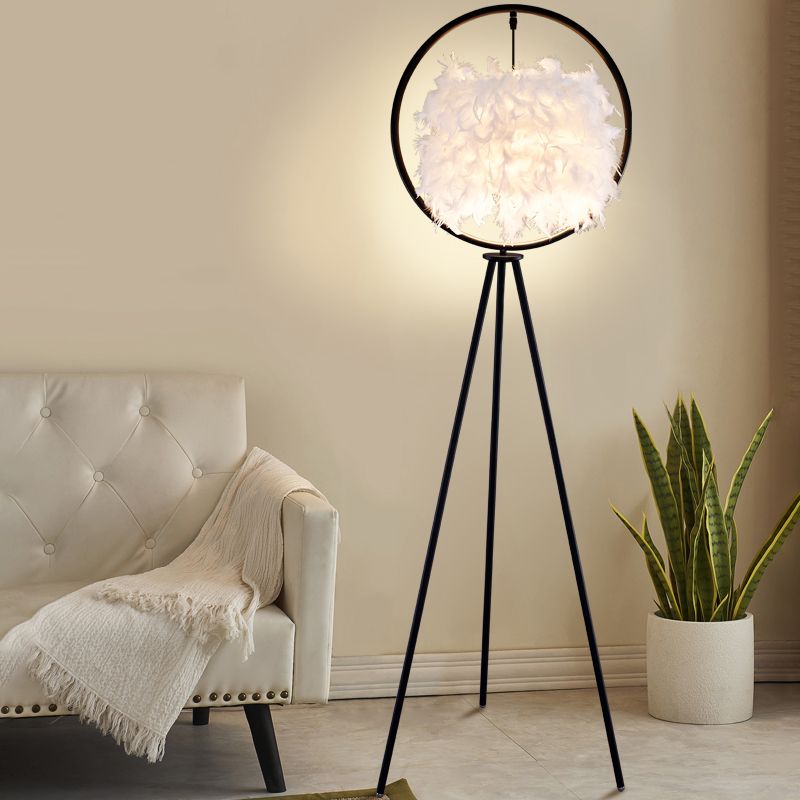 Designer Metal And Fabric Feather Ring Tripod Bedside Floor Lamp, Black/Gold