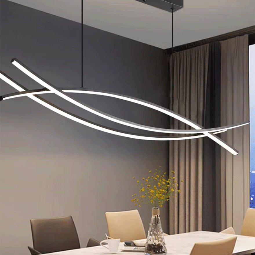 Modern Metal Curved Dining Room Pendant Light, Black, Trichromatic Light