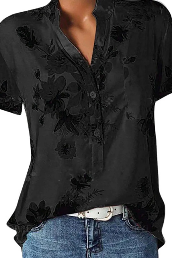 V Neck Loose Fitting Floral Printed Blouses