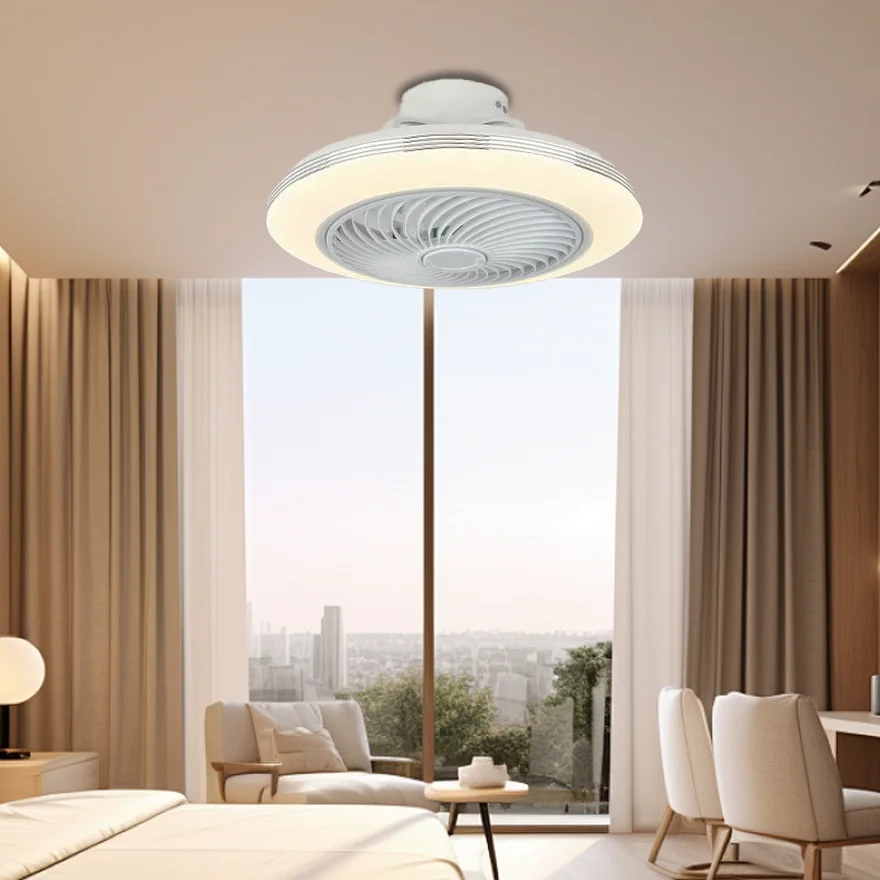 Modern Metal And Acrylic Round Bedroom Ceiling Fan With Light, Silver/Burlywood, Trichromatic Light