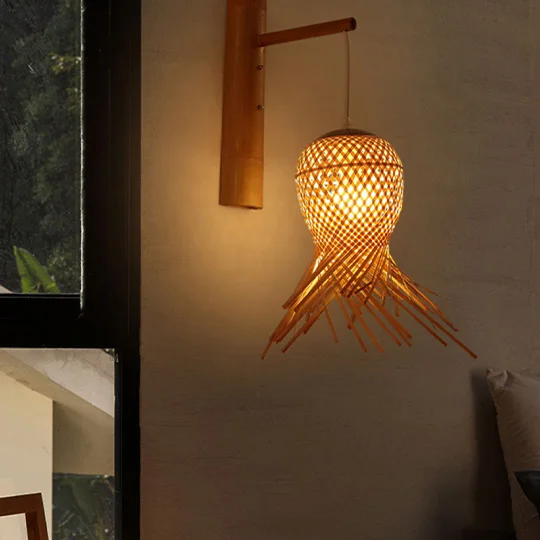 Boho Rattan And Acrylic Lantern Dining Room Wall Lamp, Natural Wood