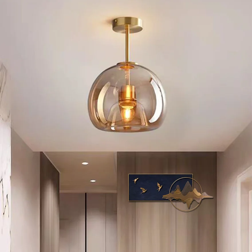 Modern Pure Cooper And Glass Bubble Bedroom Ceiling Light, Black/Gold