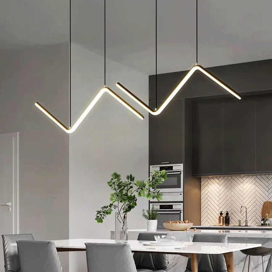 Minimalist Metal And Acrylic Linear Dining Room Pendant Light, Black/Gold, Trichromatic Light