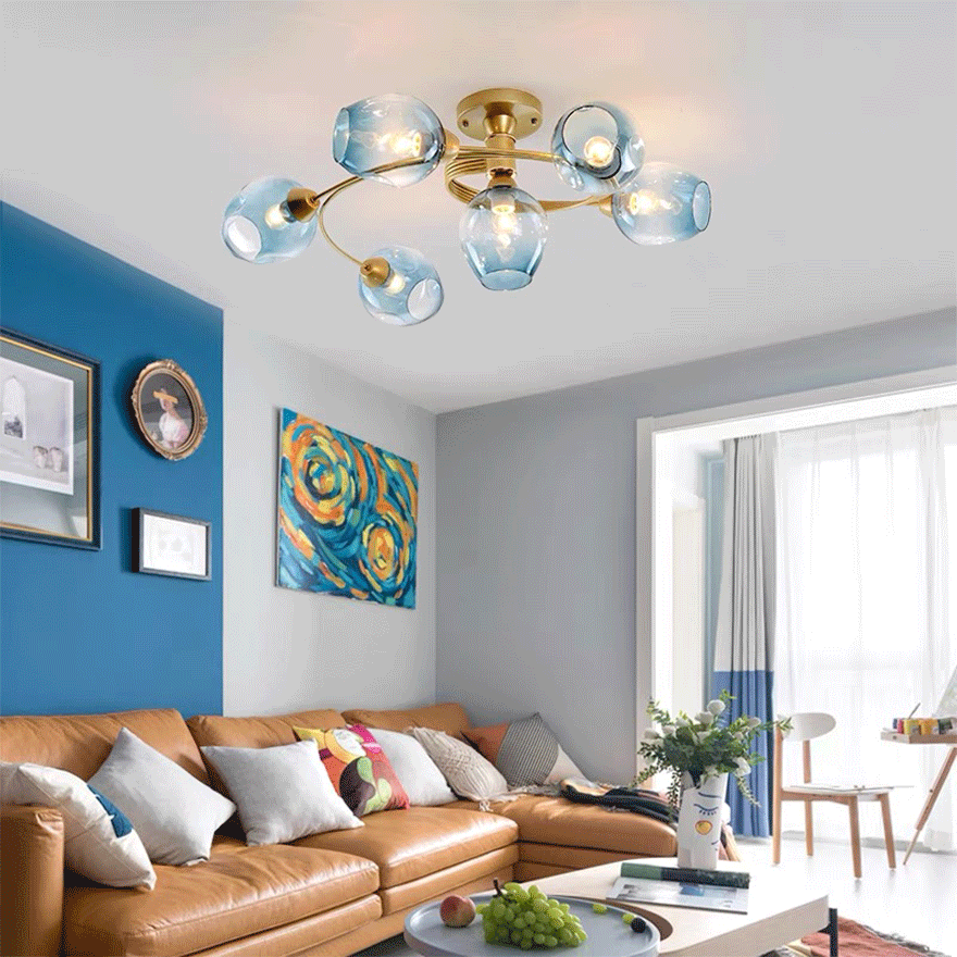 Retro Glass And Metal Bubble Study Room Chandelier Pendant Light, Amber/Gradient blue/Smoke Gray/Transparent