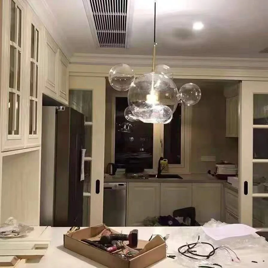 Unusual Metal And Glass Bubble Kitchen Pendant Light, Clear, Trichromatic Light