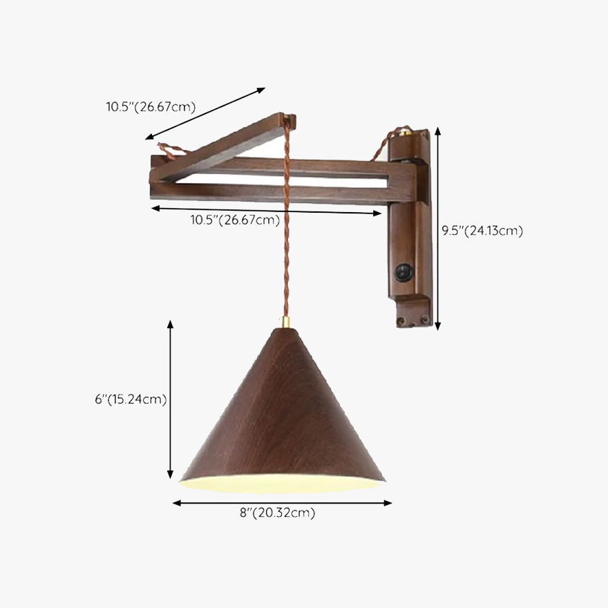 Boho Wooden Conical Bedside Wall Lamp, Walnut/Log Color