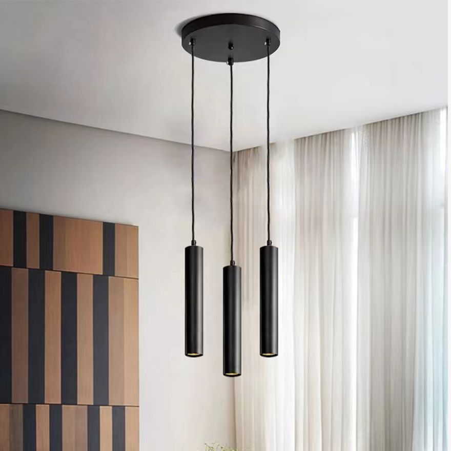 Minimalist Metal Cylindrical Living Room Pendant Light, Black, Trichromatic Light