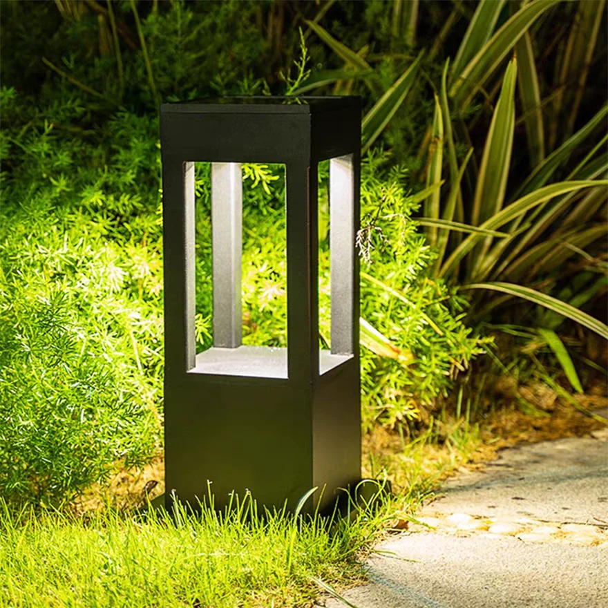 Modern Metal Square Garden Outdoor Pillar Light, Black