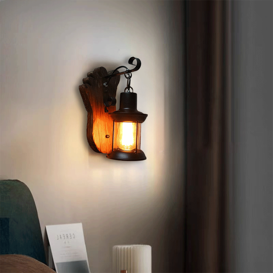 Cozy Metal And Wood Footprints Lantern Living Room Wall Lamp, Walnut