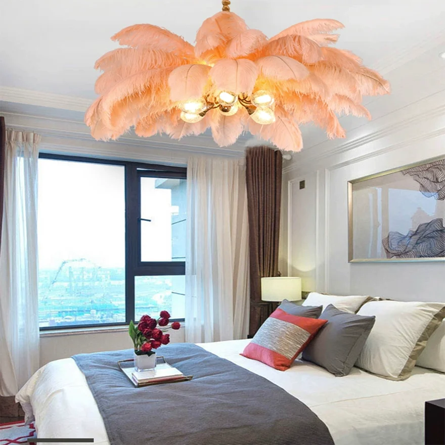 Art Deco Copper And Feather Cluster Bedroom Pendant Light, 8 Color