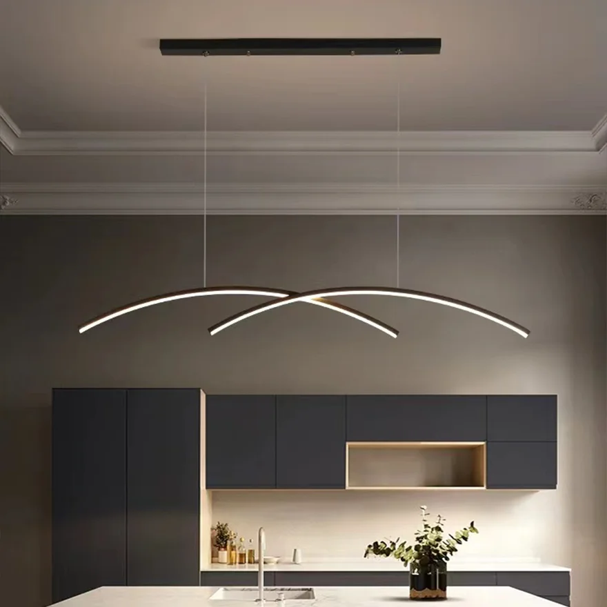 Minimalist Metal Double Curve Dining Room Pendant Light, Black/Gold, Trichromatic Light