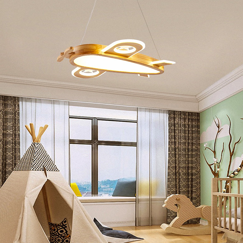 Art Deco Wooden And Acrylic Airplane Children's Room Pendant Light, Log Color