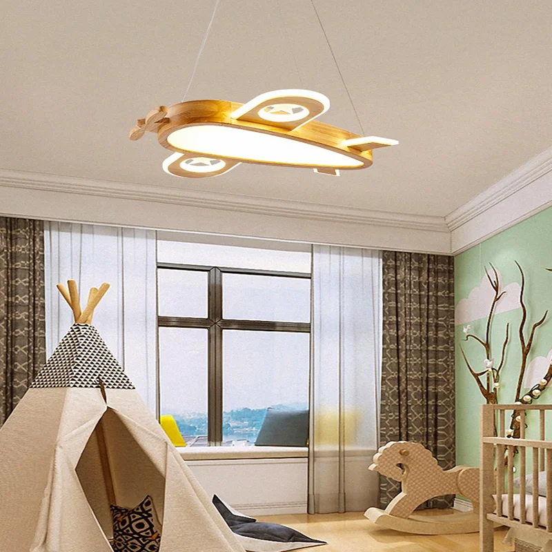 Art Deco Wooden And Acrylic Airplane Children's Room Pendant Light, Log Color