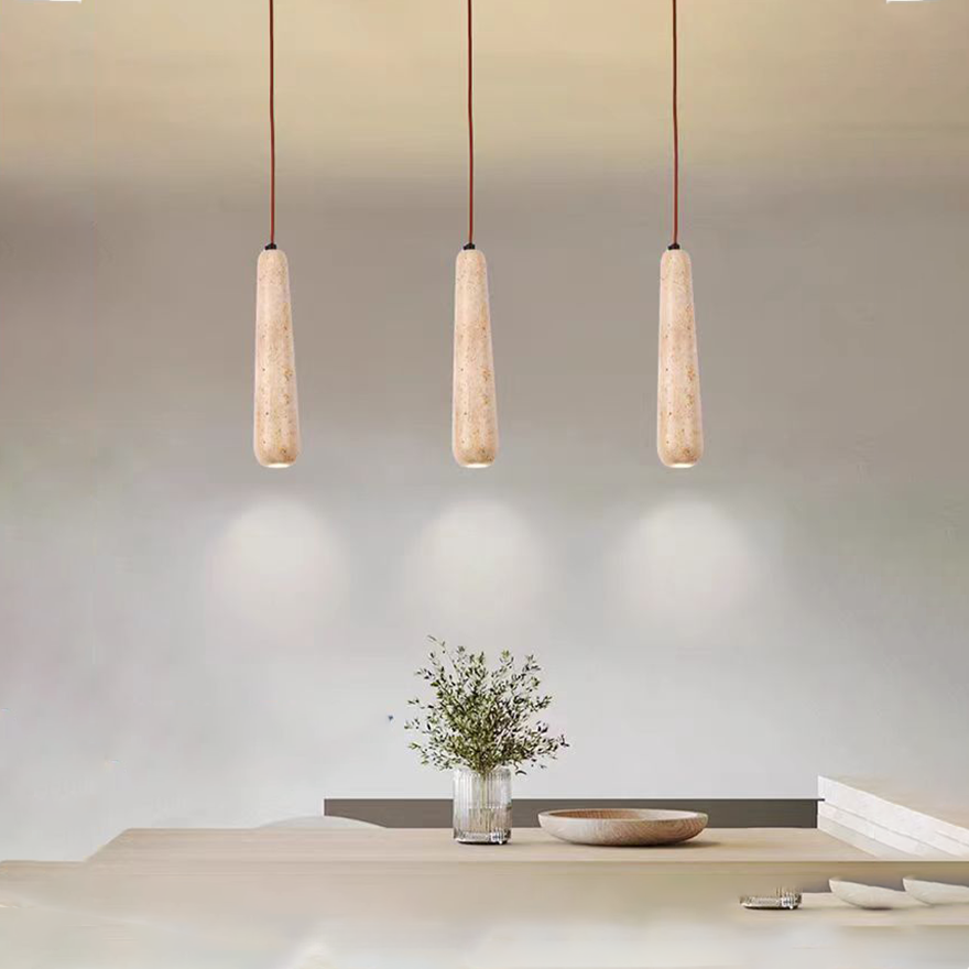 Modern Wooden And Stone Cylindrical Dining Room Pendant Light, Natural Wood