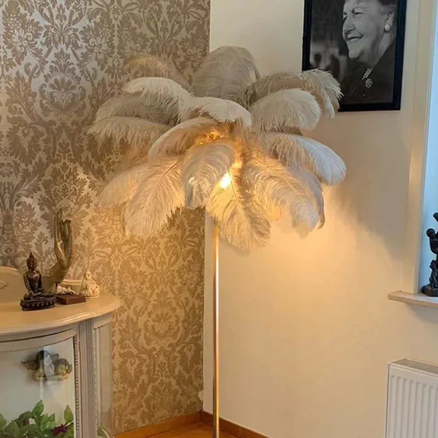 Art Deco Metal And Feather Cluster Bedside Floor Lamp, Khaki/Pink/White