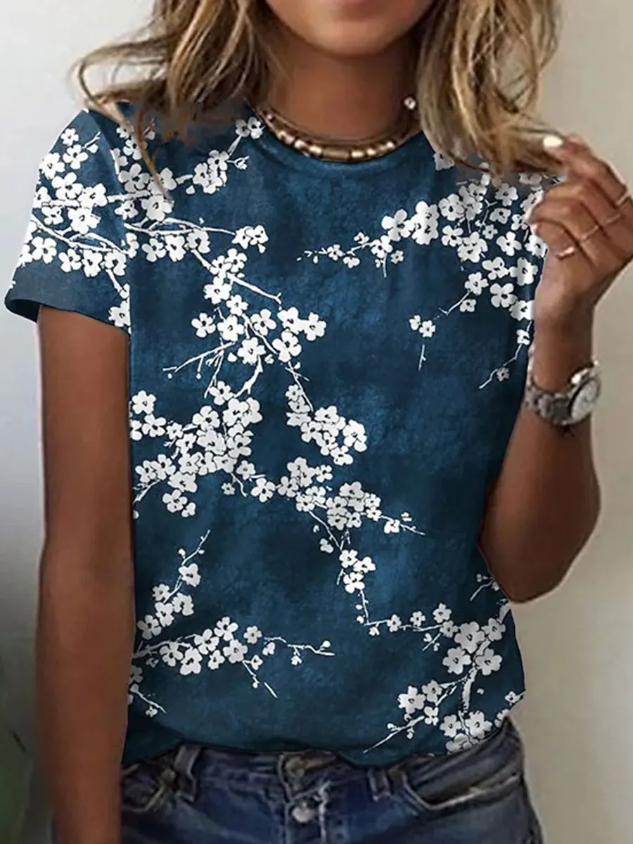 Round Neck Casual Loose Floral Print Short Sleeve T-shirt