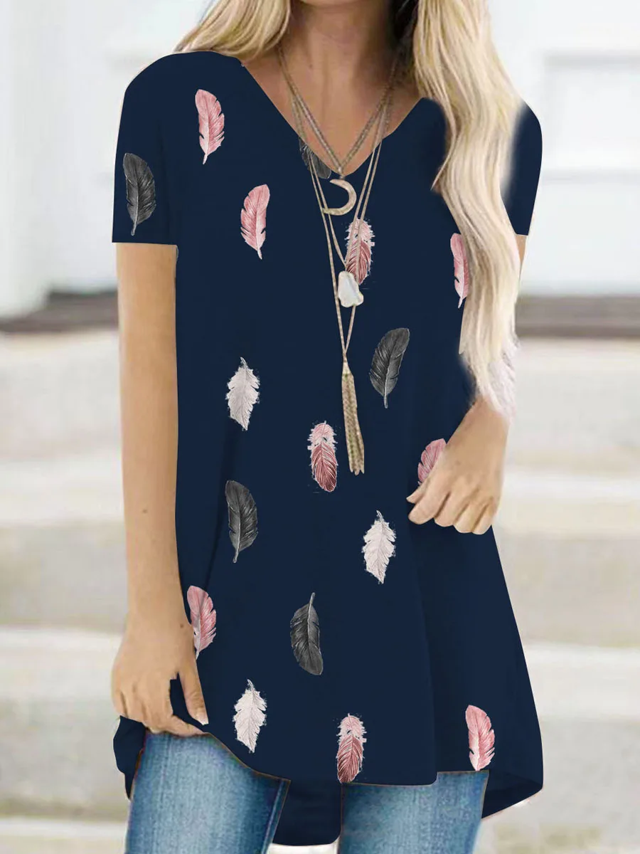 Feather Print V-neck Casual Short Sleeve T-shirt