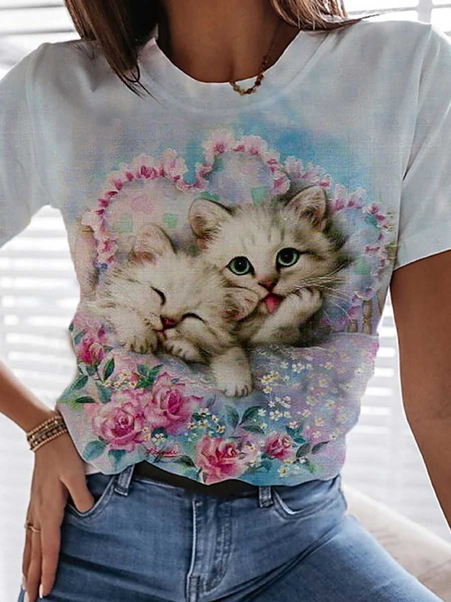 Womens Casual Fashion Cat And Floral Print T-shirt