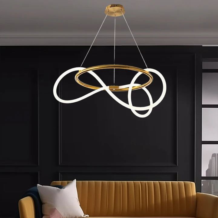 Designer Metal Linear And Wave Living Room Pendant Light, Black/Gold