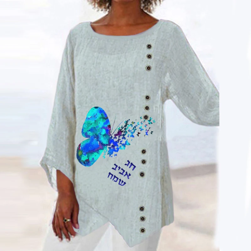 Fashion Round Neck Long Sleeve Butterfly Print Top