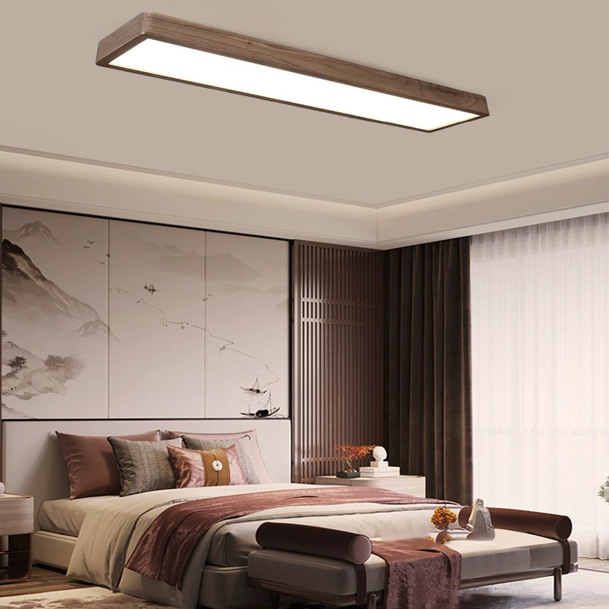 Classical Wooden And Acrylic Rectangular Bedroom Ceiling Light, Log Color, Trichromatic Light