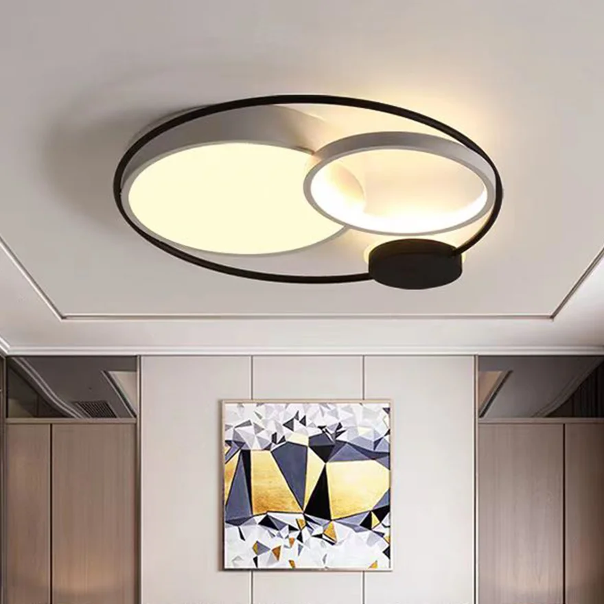 Unusual Acrylic Round Living Room Ceiling Light, Black White/Grey, Trichromatic Light