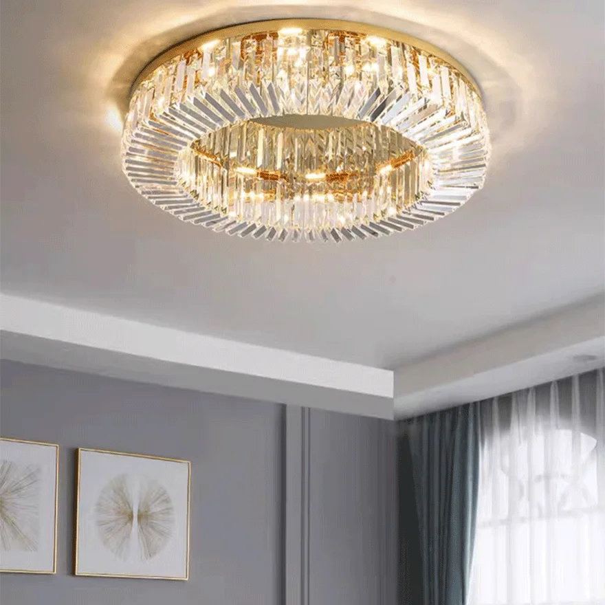 Modern Metal And Crystal Round Bedroom Chandelier Pendant Light, Chrome/Gold