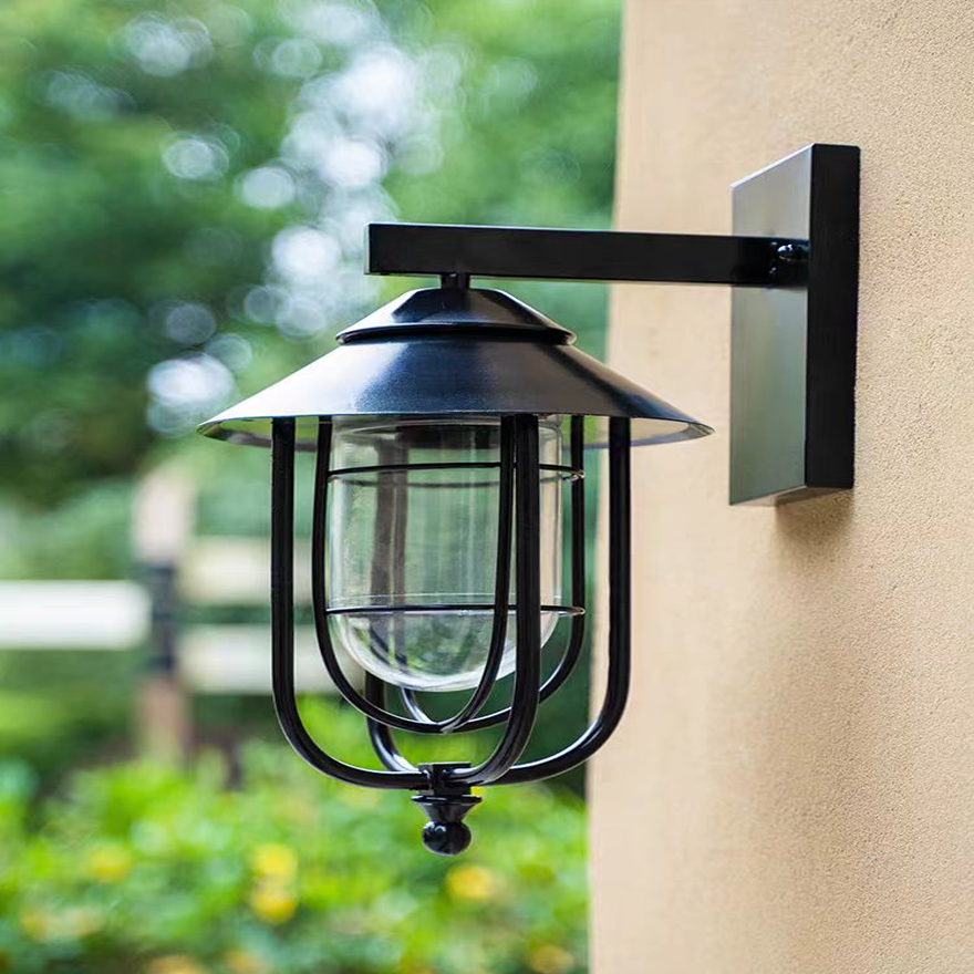 Retro Metal And Glass Lantern Outdoor Wall Lamp, Black