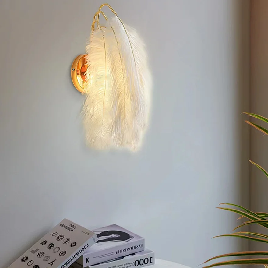 Art Deco Metal And Feather Feather Living Room Wall Lamp, White