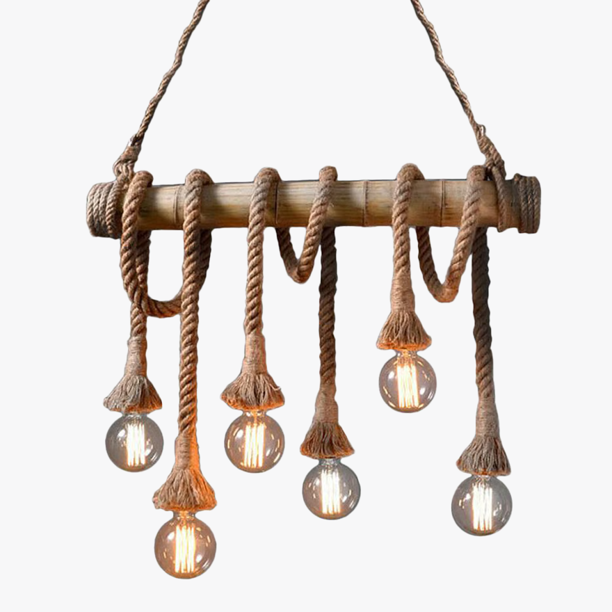 Rustic Hemp Rope And Metal  Strip Dining Room Pendant Light, Log Color