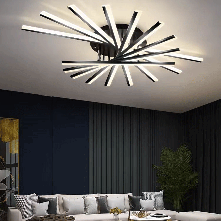 Contemporary Metal And Acrylic Linear Living Room Ceiling Light, Black/Gold/White, Trichromatic Light