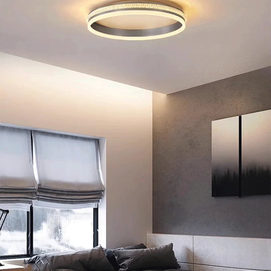 Modern Metal And Acrylic Ring Bedroom Ceiling Light, Grey, Trichromatic Light