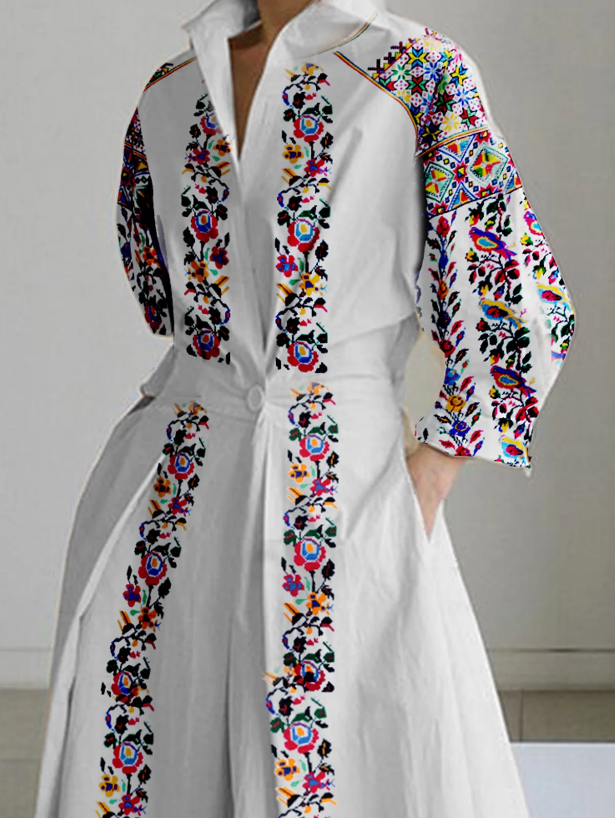 Women's Ethnic Floral Print Lapel Shirt Maxi Dress