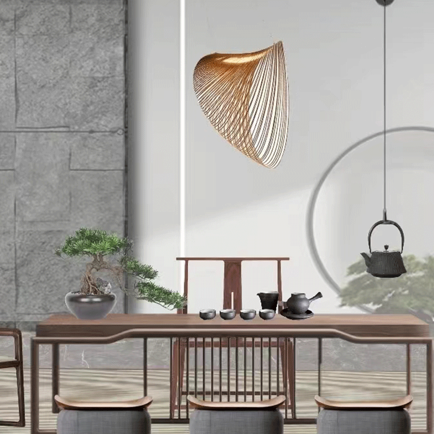 Art Deco Wooden Rattan Dining Room Pendant Light, Natural Wood